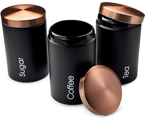 RLS Black Set of 3 Tea, Coffee, Sugar canisters Storage Container Set for Kitchen Accessories & Essentials | Black & Copper