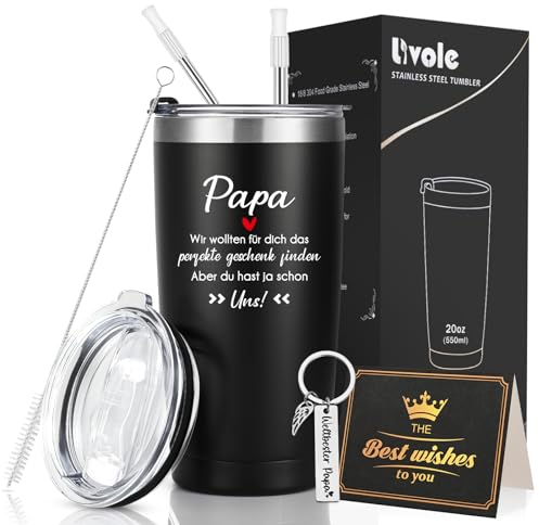 Livole Vatertagsgeschenke für Papa, Ihn, Männer - Karte, Schlüsselanhänger, Lustige Tasse, 600ml Edelstahl Weinbecher, 20oz Camping Becher Mit Strohhalm und Deckel