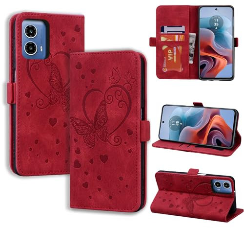 CASAFUNY Coque Motorola Moto G34 Antichoc Étui Housse Protection en Cuir Magnétique Flip Case Portefeuille Etui en Protecion pour Motorola G34, Rouge