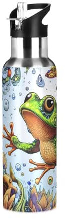 ZRWLUCKY Fantasy Green Frog Butterfly and Flower Sport-Wasserflasche, isolierte Edelstahl-Wasserflasche mit Strohhalm-Deckel, auslaufsicher, Vakuum-Wasserkrug für Fitnessstudio, Schule, Outdoor,