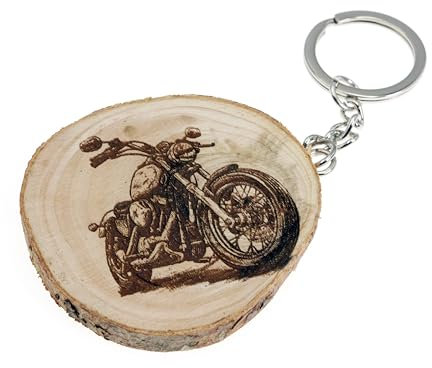 generico Porte-clés en bois naturel avec moto, moto de route vintage, Bois de pin argenté, Taille Unique