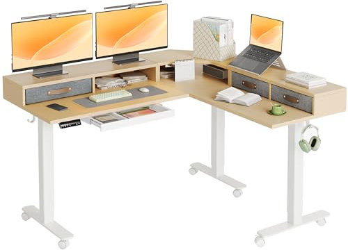 Claiks Eckschreibtisch Höhenverstellbar 160x140cm mit Dual-Motor, L Form Höhenverstellbarer Schreibtisch mit Schubladen, L-förmiger Schreibtisch auf Rollen, Beige