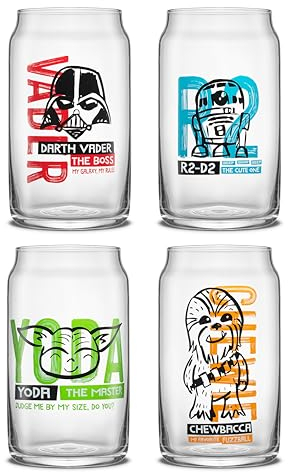 JoyJolt Star Wars Now Playing Collection Trinkgläser, 480 ml, klassische Dosenform, Trinkglasbecher-Set, Glasbecher, Set mit 4 Trinkhalmen, Star Wars Geschenke, Star Wars Glaswaren, JSW10851