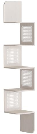 VASAGLE Eckregal, Wandregal 5 Ebenen, Schweberegal, Regal Wandmontage, Zickzack-Form, PVC-Rattan-Seitenplatten, platzsparend, für Küche Schlafzimmer Wohnzimmer, Boho-Stil, haferflockenbeige LLS582K66