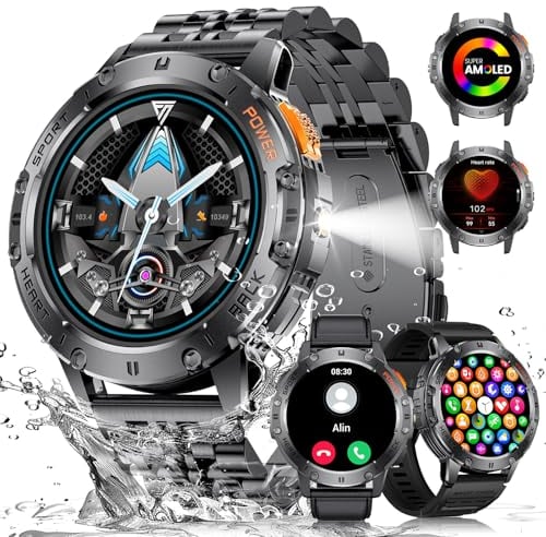ESFOE Orologio Smartwatch Uomo con Torcia LED,1,43'' AMOLED Militari Smart Watch con impermeabile 5ATM,530 mAh Fitness Tracker Contapassi 120+ Modalità Sport robusto orologio con Chiamate(3 cinturini)