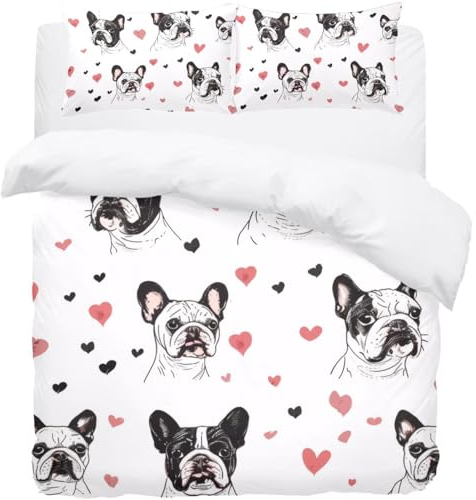 Luoweisi Set di biancheria da letto con copripiumino con stampa a forma di cuore con bulldog, con chiusura a cerniera, in morbida microfibra, per adulti, donne, uomini, king size