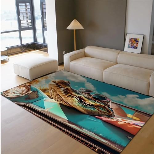 HOBBOY Einzigartiger Designbereich Teppich Lustige Tiertier Krokodil Teppich für Wohnzimmer Schlafzimmer Spielzimmer Boden Teppich Waschbare Türmatte 80 x 120 cm