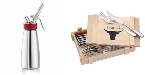 iSi Sahnespender 500ml, Gourmet Whip Plus, 0.5 Liter & WMF Steakbesteck 12-teilig, Steakbesteck Set für 6 Personen, Steakmesser Set, Steakgabel, Cromargan Edelstahl poliert, Grillbesteck in Holzkiste
