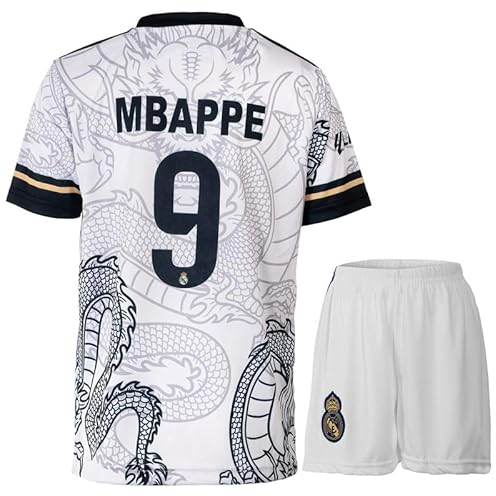 KISRAS R. Madrid Mbappe #10 Retro Weißer Drache Limitierte Sonderedition Seltenes Fußball Kinder Trikot Shorts Set Jugendgrößen (Weiß,164)