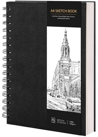 A4 Sketchbook Hardcover Spiral Bound, 160gsm Thick Paper Drawing Pad, 60 Sheets/120 Pages Drawing Book Sketch Pad for Artists, Art Projects, Ideal for Sketching, Pencil & Charcoal