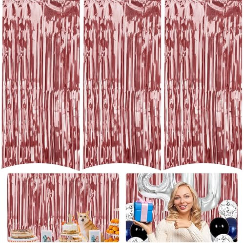 LPAMABA 4 Stück Lametta Vorhang Rosagold Vorhang Deko 1 * 2.5m Geburtstagsdeko Folien Fransen Lametta Vorhänge Metallisch Vorhänge Selbstklebende Metallfolie für Hochzeit Verlobung Geburtstag Party