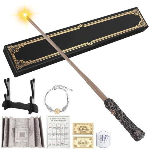 Baguette magique de 36 cm dans une boîte cadeau avec lumière, chargement USB, avec carte, carte de transport et porte-baguette magique Wizarding World en résine pour Halloween, cosplay, carnaval