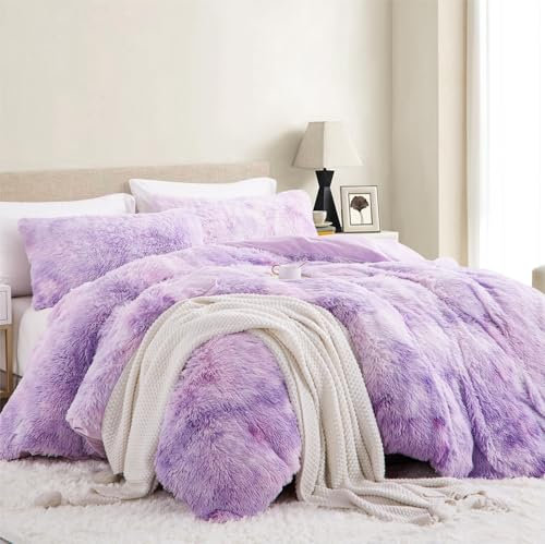 Tospass Plüsch Bettwäsche 135x200cm 4Teilig Violett Kunstfell Flauschig Luxus Winterbettwäsche Flanell Samt Biber Warme Deckenbezug 2 Bettbezug mit Reißverschluss und 2 Kissenbezug 80x80cm