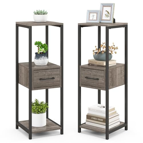 COSTWAY Lot de 2 Supports de Plantes en Métal à 3 Niveaux, Porte-Plantes Carré avec Kits Anti-basculement 1 Tiroir, Organisateur d'angle de Pots de Fleurs pour Balcon Salon, Gris + Noir