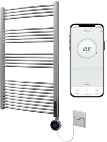 Greened House Chrome Electric WiFi Heated Towel Rail 600mm W x 1400mm H | Curved Design, Smart WiFi Controlled, 7 Day Programming, App Compatibility