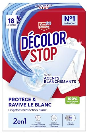 Decolor Stop - 2en1 - Agents Blanchissants - Protege et Ravive le Blanc - Protege du Ternissement et du Jaunissement - Capture les Particules de Salete - 100% Fibres d'Origine Vegetale - x18 Lingettes