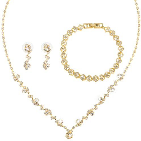 Yolev 3 Teiliges Kristall Brautschmuck Set Damen Schmuckset Strass Kristall Halskette Armband Tropfen Ohrringe Glänzendes Armband Hochzeit Braut Brautjungfer Schmuck Silber Gold(Gold)