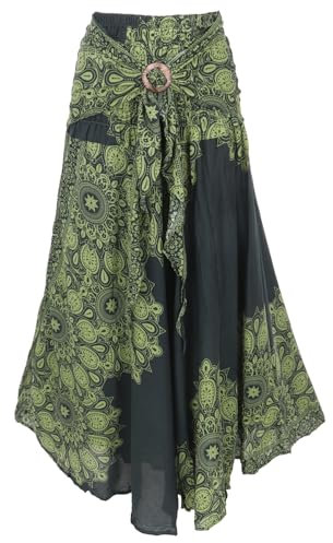 GURU SHOP Boho Sommerrock, Maxirock Hippie Chic, Wandelbares Sommerkleid, Strandkleid, Krinkelrock - Grün, Damen