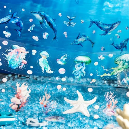 Washi Tape Stickers Set,3 Rolls PET Scrapbooking Zubehör Stickers,Ocean Themed Aesthetic Stickers Decorative for Bullet Journal Zubehör,Journal,Photo Album,Mobile Phone,DIY(Deep Sea Glimmer Series)