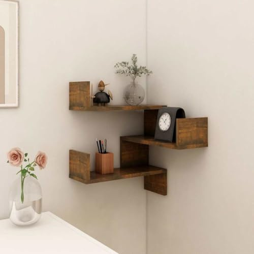 Myheimly Wand Eckregal Bücherregal Wandregal Hängeregal Regal Küchenregal Schweberegal Dekoregal Wohnzimmer Holzwerkstoff Räuchereiche,1 PZ