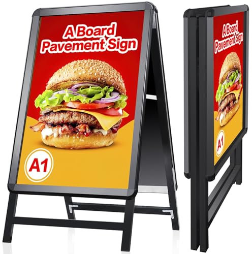 VAIIGO A Board Gehweg-Schilderrahmen, A1, doppelseitig, mit Aluminium-Klapprahmen, Schilderständer für den Außenbereich, strapazierfähig, Poster, Menüständer, Werbungsständer, Schwarz