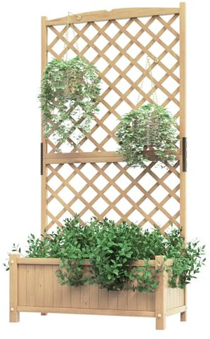 GiantexUK Garden Planter with Trellis, Wooden Raised Bed Climbing Support with Drain Holes, Outdoor Elevated Flower Pots Planting Box for Vegetables Herbs (No Hanging Roof, Light Natural, 90x45x180cm)