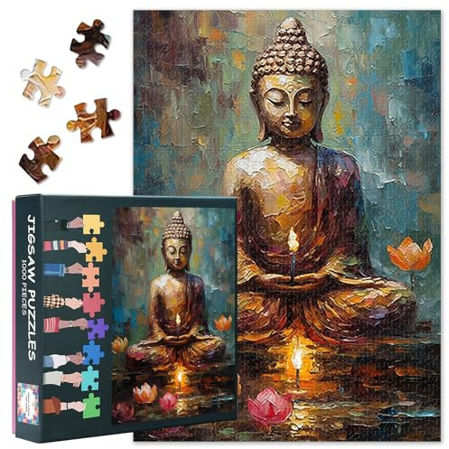 Puzzles 1000 Teile Kerzen, Buddha Statue Puzzle Erwachsene, Lotus Blumen 1000 Teile Puzzles für Erwachsene, 70 x 50 cm Puzzle Impossible Geschicklichkeitsspiel für die Ganze Familie