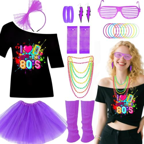 10Pcs 80s Accessories Set for Women, Retro Fancy Dress with Tutu Skirt Leg Warmers Fishnet Gloves Earrings Lace Headband Glasses Bracelet for Girls 1980s Costume Outfit Hen Do Party