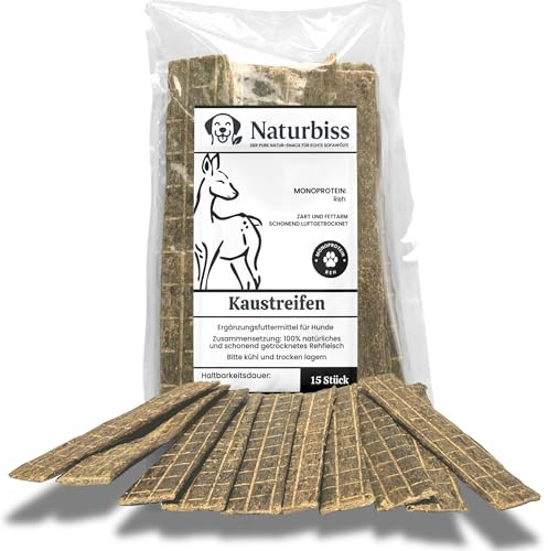 Naturbiss Rehstreifen für Hunde – 15 Stück (13–15 cm), Barf Leckerli Hypoallergener Kausnack getreidefrei - ideal für Welpen, Senioren und Allergiker, Kaustreifen, Trockenbarf für Hund