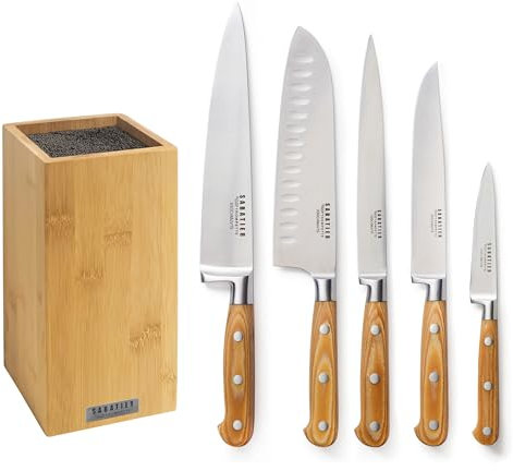 SABATIER TROMPETTE - Bloc 5 couteaux de cuisine - Essentiel - Acier 5Cr15MoV - Finition Satinée - 26 x 15.5 cm - Bois clair