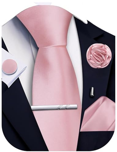 Ailisus Krawatten- und Einstecktuch-Set, solide Krawatte, Manschettenknöpfe, Krawattenklammer, Anstecknadel für Herren, Hochzeit, Business, 5 Stück, rose, Einheitsgröße