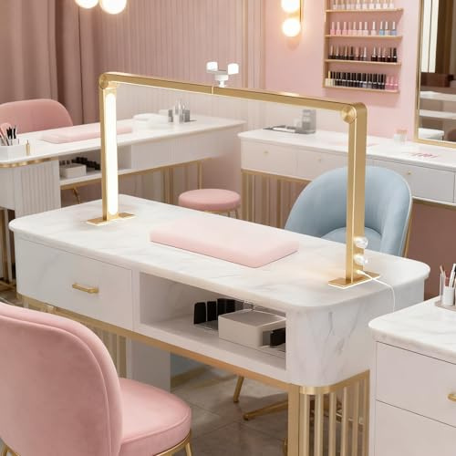 Nail Desk Lamp, Foldable Lash Light, with Phone Stand, 3000K-6000K, Triple-fold Makeup Desk Lamp, Large Led Half Moon Light for Nail, Tattoos, Eyebrows, Beauty(885 * 410mm)(Gold)