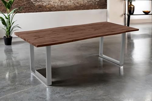 SAM Esstisch Josy | 240 x 100 cm | Holz Nussbaum-Optik | U-Gestell Metall Silber | 40 mm Tischplatte mit Baumkante | Tisch für Esszimmer & Küche