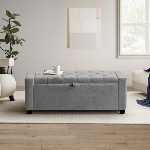 SUNWAVE Storage Ottoman Bench, Linen Fabric End of Bed Storage Bench with Button Tufted, Safety Hinge Lid, Large Ottoman for Bedroom, Living Room & Entryway