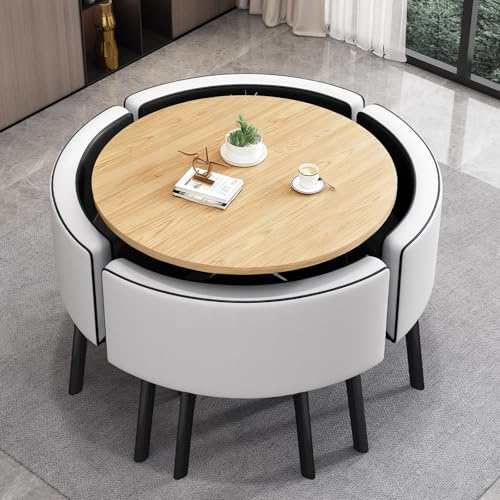 VTELGT Esstisch und 4 Stuhlset, 90cm Runder Esstisch und 4 Kunstleder Esszimmerstühle,platzsparendes für Küche, Wohnzimmer, Balkon, Restaurant, Büro,Holzt + schwarzweißs