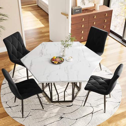 VIVCA Esstisch- und Stuhlset (5-teiliges Set), moderner sechseckiger Marmor-Esstisch + 4 Esszimmerstühle aus schwarzem Samt, um EIN warmes und modernes Restaurant zu schaffen.