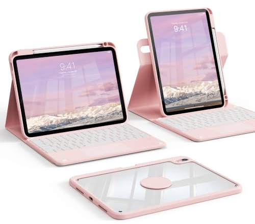 GKABXY Case Keyboard for iPad A16 11th/10th Gene 11/10.9 Inch 2025/2022 | Detachable 360°Rotating Clear Back, Multi-Trackpad & 7-Color Backlit Keyboard, Portrait Mode Usage, Pink