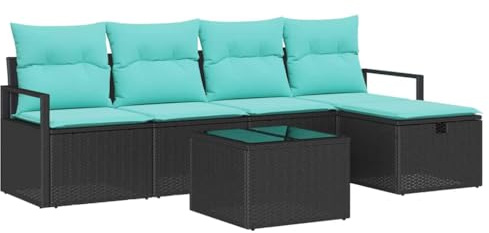 vidaXL Sofa Set mit Kissen 6 pcs Schwarz und Türkis Poly-Rattan, Garten- und Terrassenmodul-Couch, leicht, UV-beständig, mit Stauraum, entspannendes Outdoor-Set