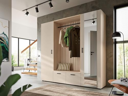 Garderoben-Set MODENA, Korpus Riva Oak, Fronten kaschmir, 210 x 200 x 45 cm | 3-tlg. Set mit Sitzbank, Paneel und 2 Schränken