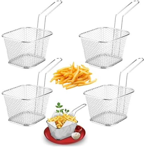 Chip Serving Frying Baskets 4 Pcs Mini Chip Baskets with Handle for Serving, Stainless Steel French Fries Holder Food Presentation Basket Fry Basket Square Presentation for Onion Rings Chicken Wings