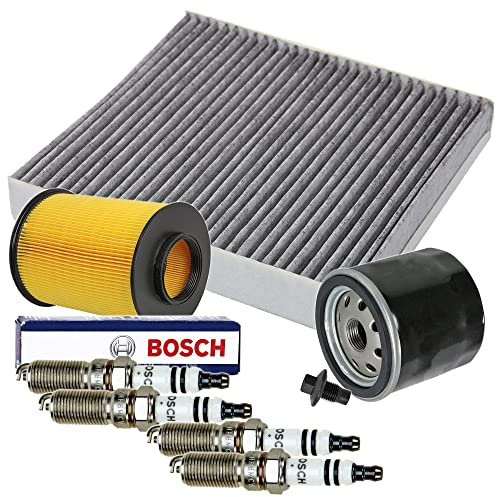 Inspektionspaket SET C 1x Ölfilter 1x Luftfilter 1x Innenraumfilter (Pollenfilter) mit Aktivkohle 4x Zündkerze Super plus HR8MCV+ 1x Ölablass-Schraube 1x Dichtring für Ölablass-Schraube