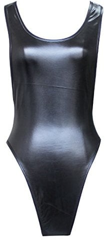 TiaoBug Damen Wetlook Lack-Optik Badeanzug Schwimmenrücken Glanz Stringbody Bodysuit (Schwarz)