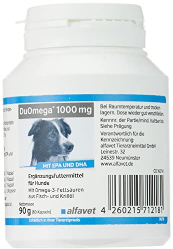 alfavet DuOmega für Hund und Katze, unterstützt trockene, gereizte Haut und Fell mit EPA und DHA, Ergänzungsfuttermittel, 1000mg, 60 Kapseln