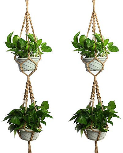Vpang 2 Pcs Macrame Plant Hanger Double Tier Wall Hanging Planter Holder Jute Rope Indoor Outdoor Decor 55 Inch