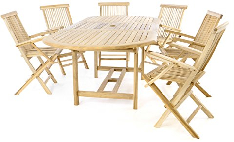 Divero 7 TLG. Sitzgruppe Cartagena aus Teakholz, unbehandelt – ausziehbarer Tisch + 6 x Klappstuhl – Farbe: Natur-Braun