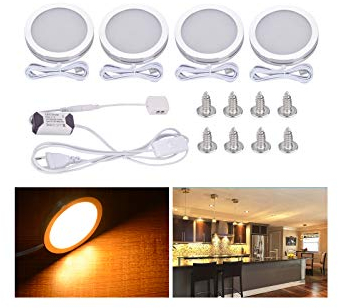 Midore Unterbauleuchte Küche LED 4er Set 8W Rund Kabinett Beleuchtung LED Schrankbeleuchtung Vitrinenbeleuchtung mit Stecker und 3M Kleber 3000K