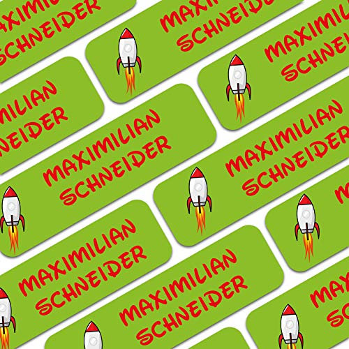 80 x Namensaufkleber Wunschname personalisiert je 3,5x1cm Aufkleber mit Kinder Name Beschriftung Schule Kindergarten Kleidung Sticker (Nr. 28 Rakete, Für Textilien)