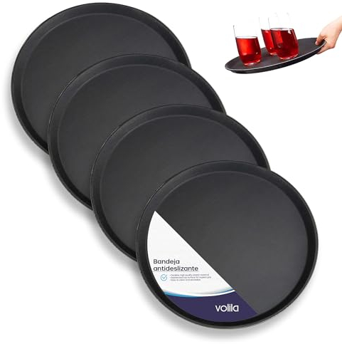 volila Black Round Tray - 40 cm (4 Pack) Rubberized Non Slip Tray for Serving Food and Drinks - Dishwasher Safe Non Slip Drinks Tray for Parties, Gatherings, Bars, Restaurants and Home