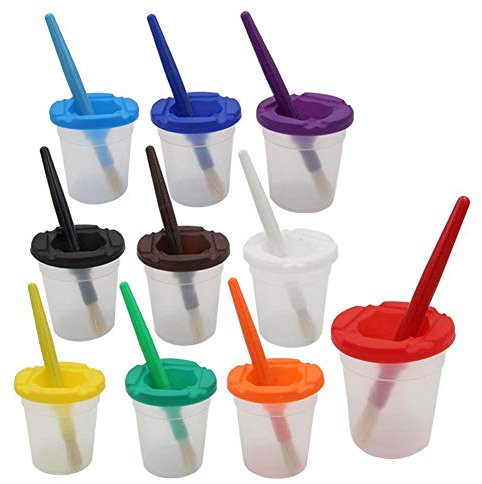 10 PCS Spill Proof Paint Cups and 10 PCS Paint Brushes Art Paint Sets Drawing Tools for Kids and Children(10 Colors)
