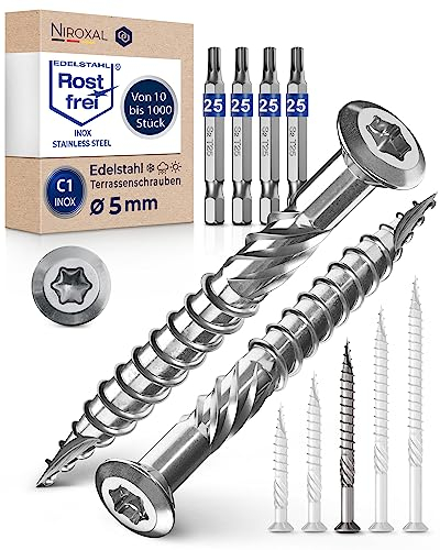 1000 Stück Terrassenschrauben 5 x 60 mm lang | PERFEKT für 25 mm Terrassendielen | rostfreier gehärteter C1 Edelstahl | Torx 25 inkl. 4 Bits | Holzschrauben mit flachem Senkkopf Teilgewinde